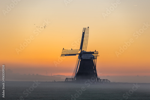 Traditional typical Frisian Dutch wind mill, windmill and wind turbine at orange dawn sunrise in fog mist and bird