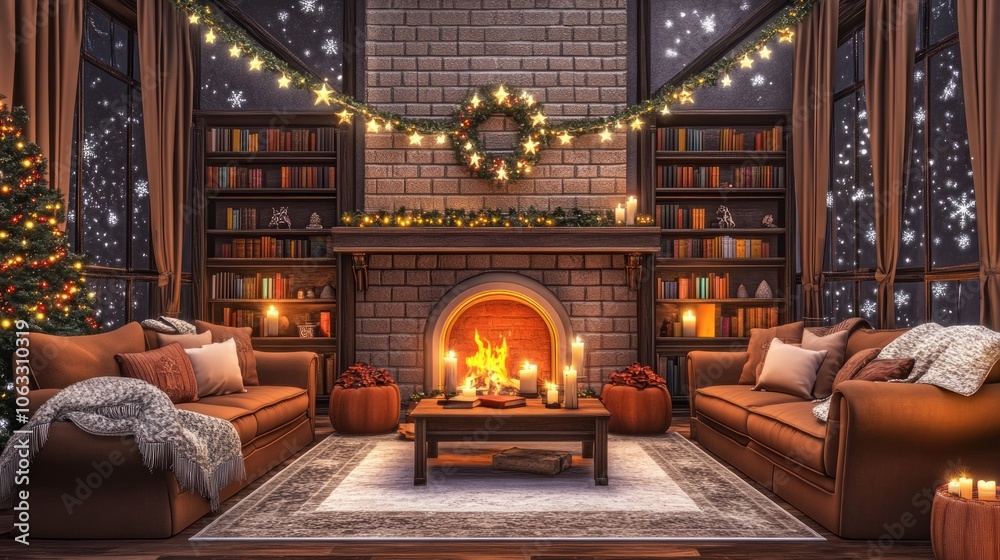 Obraz premium A cozy living room with warm lighting, comfortable sofas and blankets, a fireplace burning in the background.