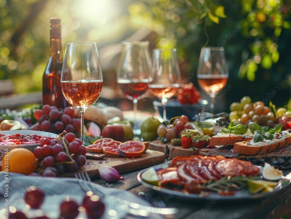A vibrant picnic scene with a variety of fruits, cheeses, breads, and bottles of wine set out on a table in an outdoor setting. A vibrant picnic scene with a variety of fruits, cheeses, breads, and bottles of wine set out on a table in an outdoor setting.