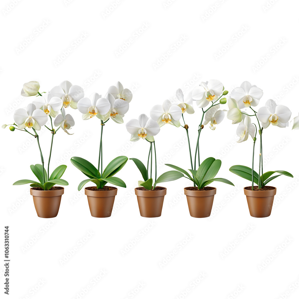 Five Potted White Orchids Arrangement on transparent background cutout, PNG file, Cutout file Five Potted White Orchids Arrangement on transparent background cutout, PNG file, Cutout file