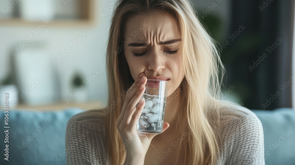 Young woman with glass of cold water suffering from tooth ache at home Young woman with glass of cold water suffering from tooth ache at home