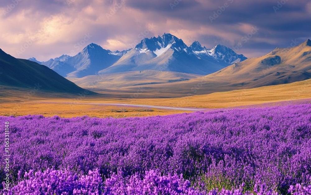 Mongolian steppe with mountains in the background, a road, and purple flowers in the foreground, shot from a distance
