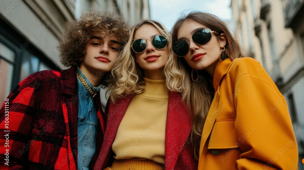 Young three stylish friends posing in the street. Young three stylish friends posing in the street.