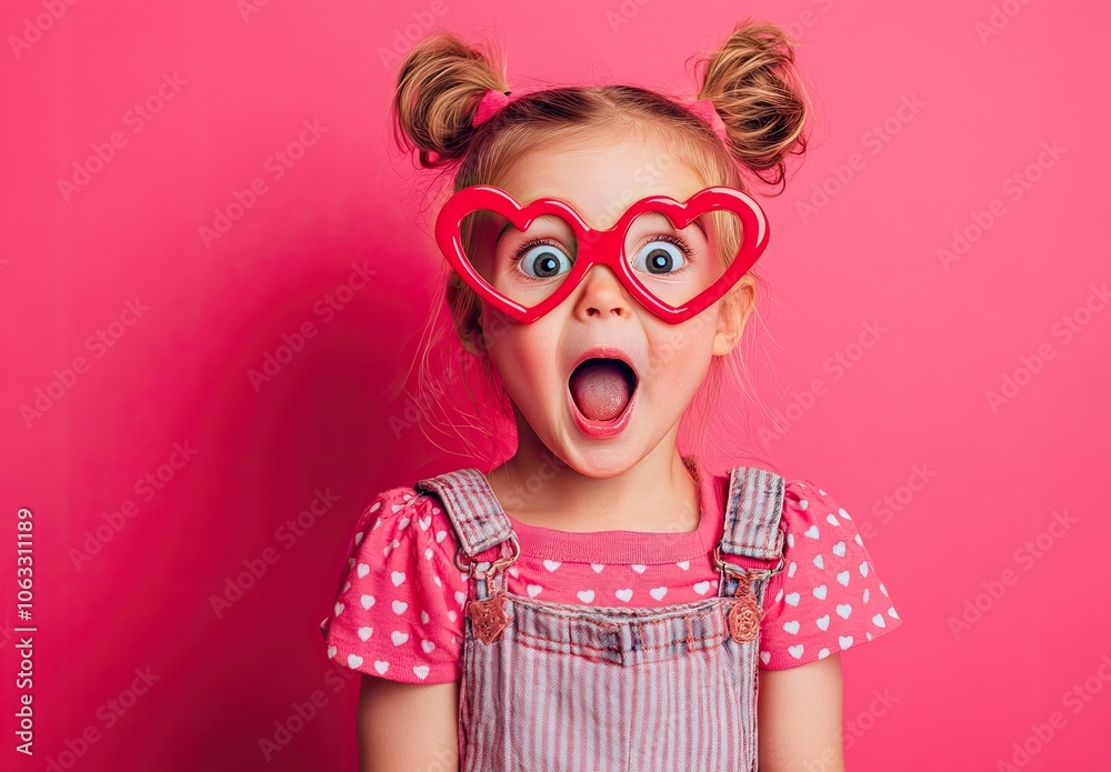 Portrait of a happy, surprised child wearing heart-shaped glasses, isolated on a pink background. Portrait of a happy, surprised child wearing heart-shaped glasses, isolated on a pink background.