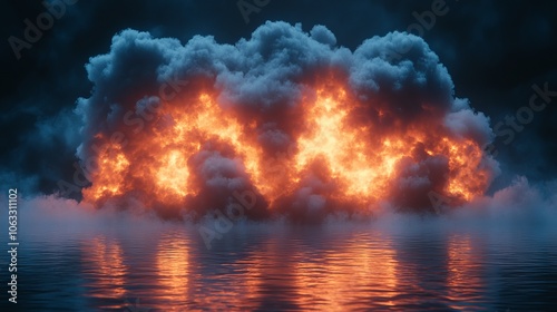 A large cloud of fire is rising from the water