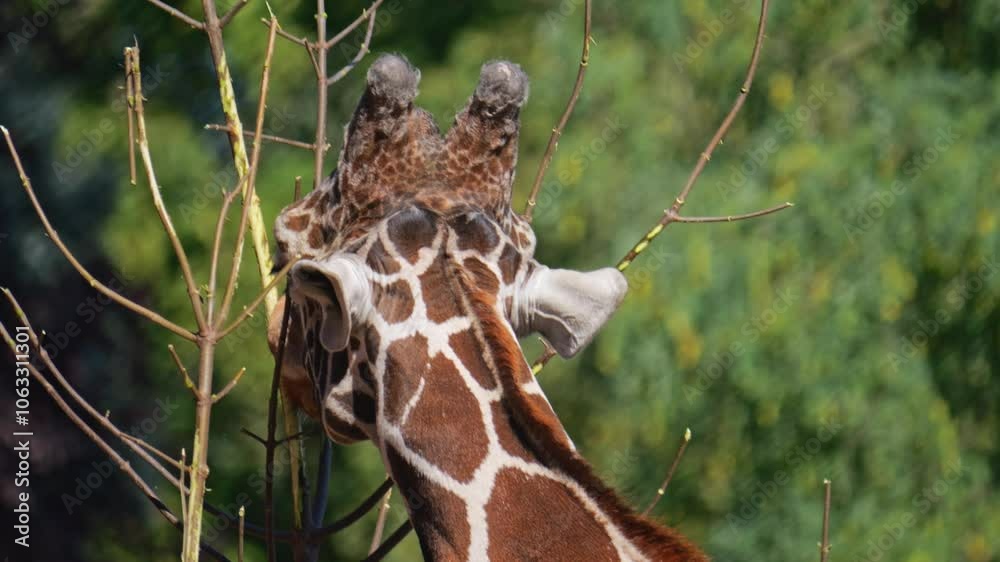 Giraffes move calmly, feeding from special hay feeders. The sandy terrain has a few grassy patches, dry branches, and small hills. Filmed in slow motion on a sunny day. Giraffes move calmly, feeding from special hay feeders. The sandy terrain has a few grassy patches, dry branches, and small hills. Filmed in slow motion on a sunny day.