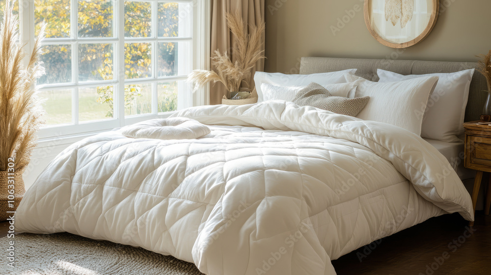 Obraz premium A comfortable bed with fluffy pillows and a quilted duvet, set in a serene bedroom with natural light streaming in through the window