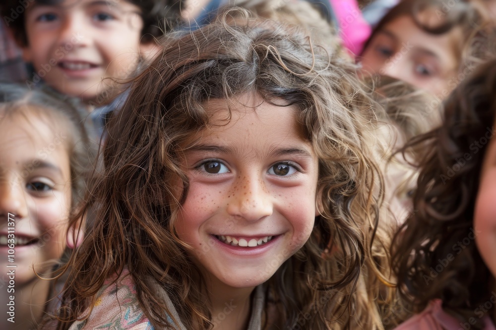 Portrait of a little girl smiling at the camera with her friends in the background Portrait of a little girl smiling at the camera with her friends in the background