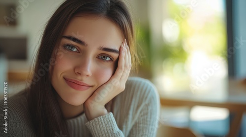 Young woman suffering from toothache touching her cheek sitting at table at home