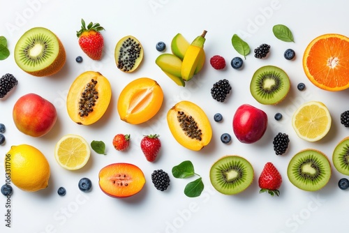 Colorful assortment of fruits and vegetables, including oranges, bananas, strawberries, and kiwis