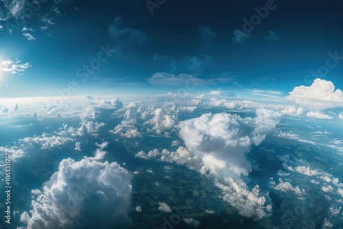 The sky is filled with clouds and the sun is shining brightly. The clouds are scattered throughout the sky, with some being larger and more prominent than others