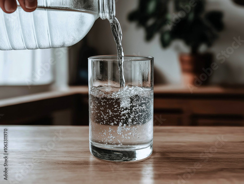 Pouring Sparkling Water into Glass on Wooden Table in Cozy Setting 