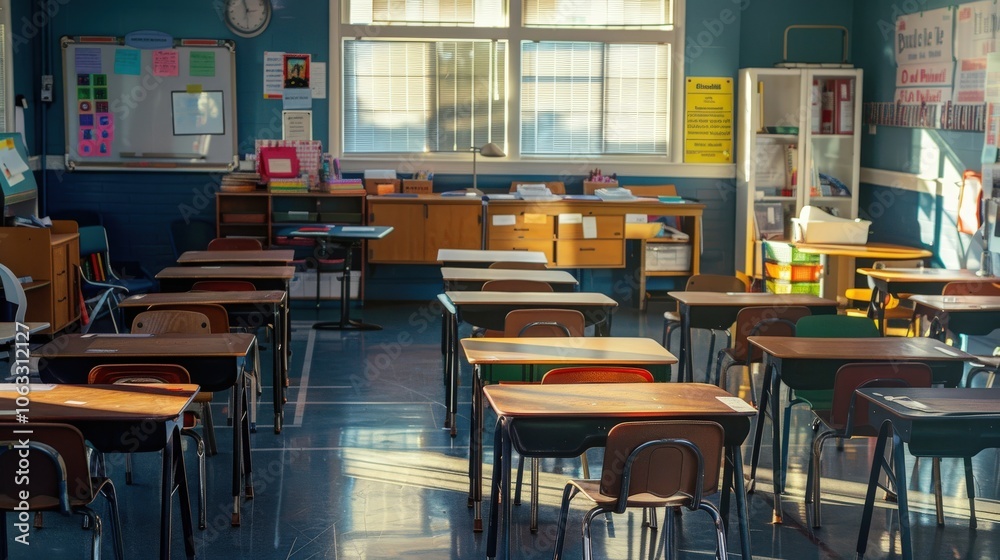 Empty classroom filled with sunlight streaming through windows, creating a bright and inviting learning space. Empty classroom filled with sunlight streaming through windows, creating a bright and inviting learning space.