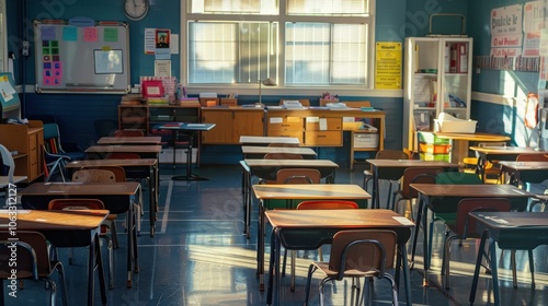 Wallpaper Mural Empty classroom filled with sunlight streaming through windows, creating a bright and inviting learning space. Torontodigital.ca