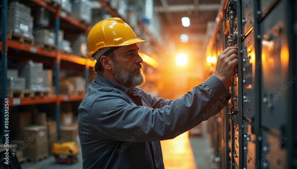 A Man Inspects an Electrical Panel in a Warehouse Ensuring Safety and Compliance with Industry Standards A Man Inspects an Electrical Panel in a Warehouse Ensuring Safety and Compliance with Industry Standards