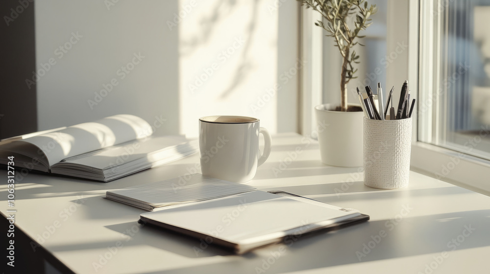 A stylish office desk setup, complete with organized stationery, a coffee cup, and an open notebook under natural light A stylish office desk setup, complete with organized stationery, a coffee cup, and an open notebook under natural light
