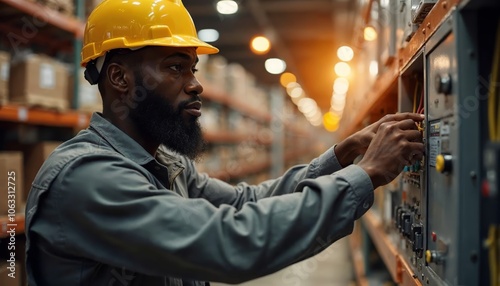 A Man Inspects an Electrical Panel in a Warehouse while Wearing a Yellow Hard Hat and Gray Uniform