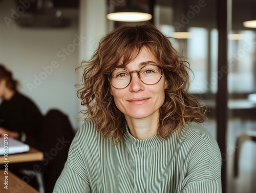 Thoughtful Woman with Curly Hair and Glasses Sitting in a Café 