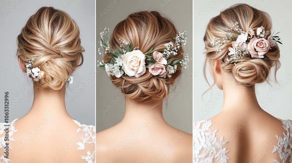 A collection of elegant bridal hairstyles featuring beautiful floral accents, perfect for weddings and special occasions with a soft, romantic vibe.