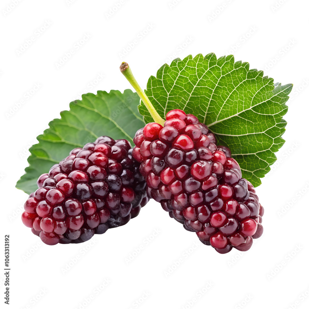 Fototapeta premium Fresh Mulberries with Green Leaves on transparent background cutout, PNG file, Cutout file