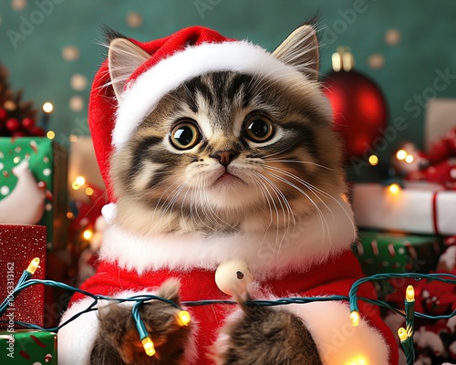 Playful kitten dressed as Santa, tangled in Christmas lights, set against a festive background with gifts and decorations, capturing a whimsical and joyful moment in ultraclear 8K photo