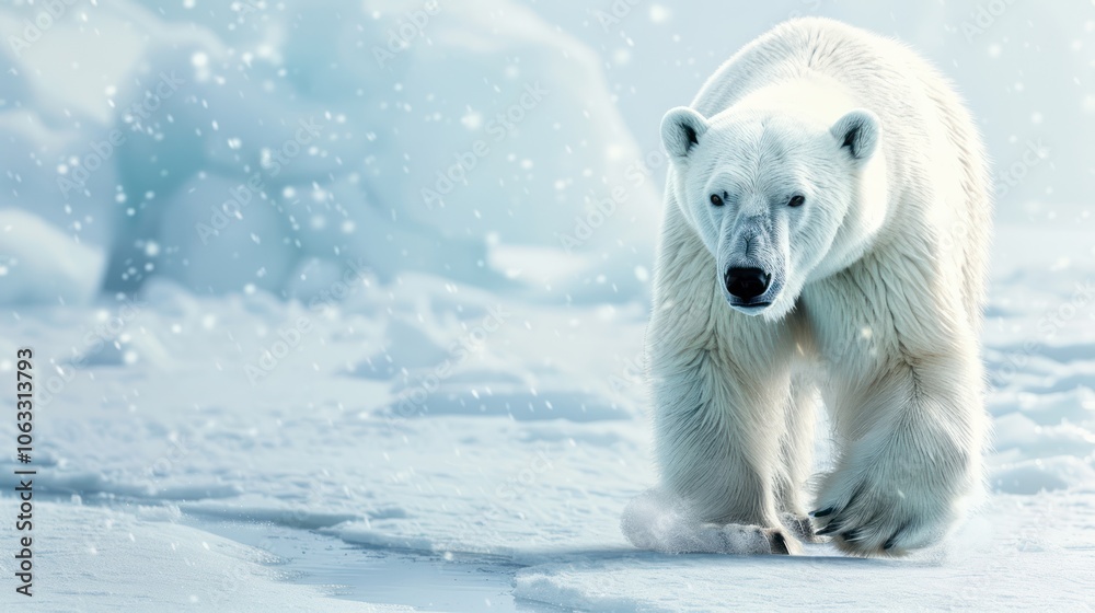 A majestic polar bear walks through a snowy landscape, surrounded by ice, showcasing the beauty of its natural arctic habitat. A majestic polar bear walks through a snowy landscape, surrounded by ice, showcasing the beauty of its natural arctic habitat.