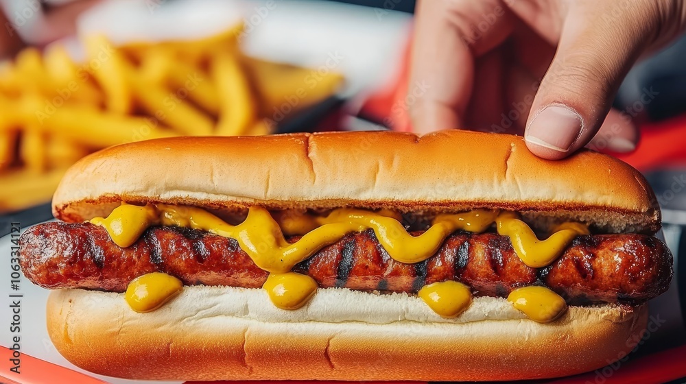 Close-up of a Delicious Hot Dog with Mustard, Relish, and a Side of Crispy French Fries Close-up of a Delicious Hot Dog with Mustard, Relish, and a Side of Crispy French Fries