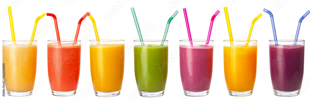 A collection of colorful fruit smoothies in glasses with straws on a white background. Perfect for healthy eating, diet concepts, or refreshing drink advertisements. A collection of colorful fruit smoothies in glasses with straws on a white background. Perfect for healthy eating, diet concepts, or refreshing drink advertisements.