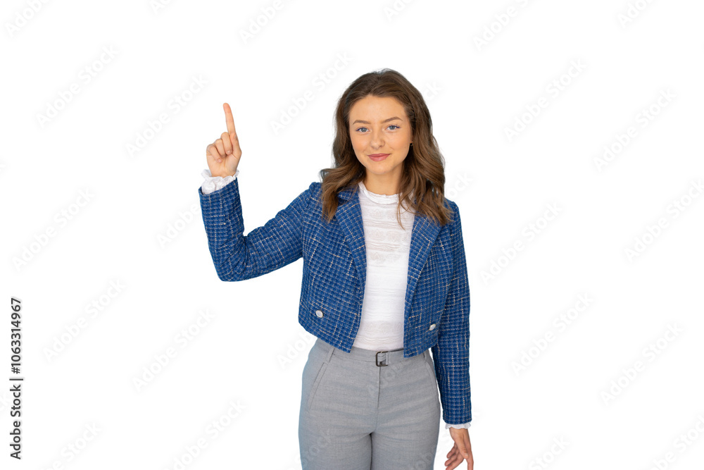 Dynamic professional woman directing attention with her gesture