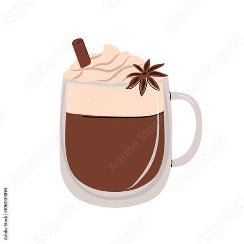 Cappuccino or cocoa in a glass with cream, anise, and a straw. Cozy winter illustration in flat style