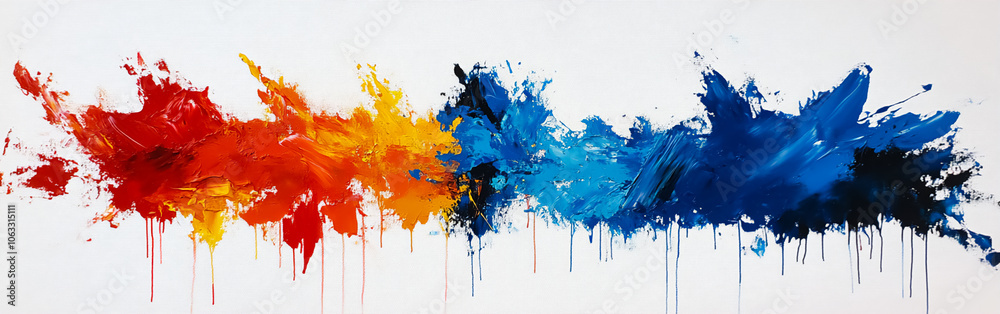 Fototapeta premium An abstract painting with vibrant strokes and splashes of blue, yellow, orange, red, and black on a white background. Perfect for art content, decor, and stylish interiors. 