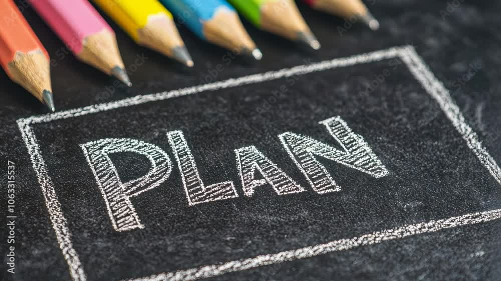 Colorful pencils beside a chalkboard displaying the word 'PLAN', creativity and strategic thinking.