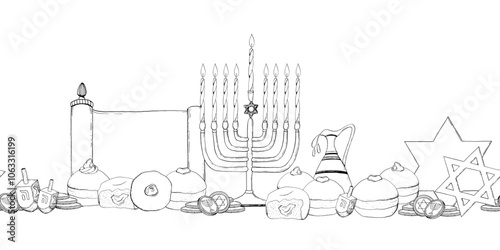 Hanukkah holiday symbols black and white vector seamless border with menorah, candles, donuts, jug of olive oil, coins and Torah scroll. Jewish winter celebration banner template