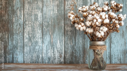 Cotton flowers in jar on rustic wood background