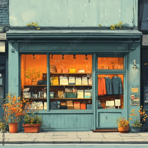 Vector of a thrift store with colorful clothing displayed in the window
