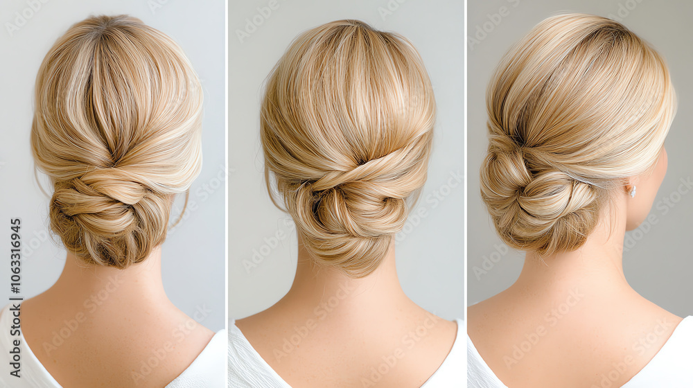 Elegant blonde updo hairstyles showcasing three different styles, perfect for weddings or formal events, on a simple background.