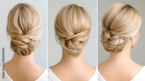 Obraz na płótnie Elegant blonde updo hairstyles showcasing three different styles, perfect for weddings or formal events, on a simple background. w salonie