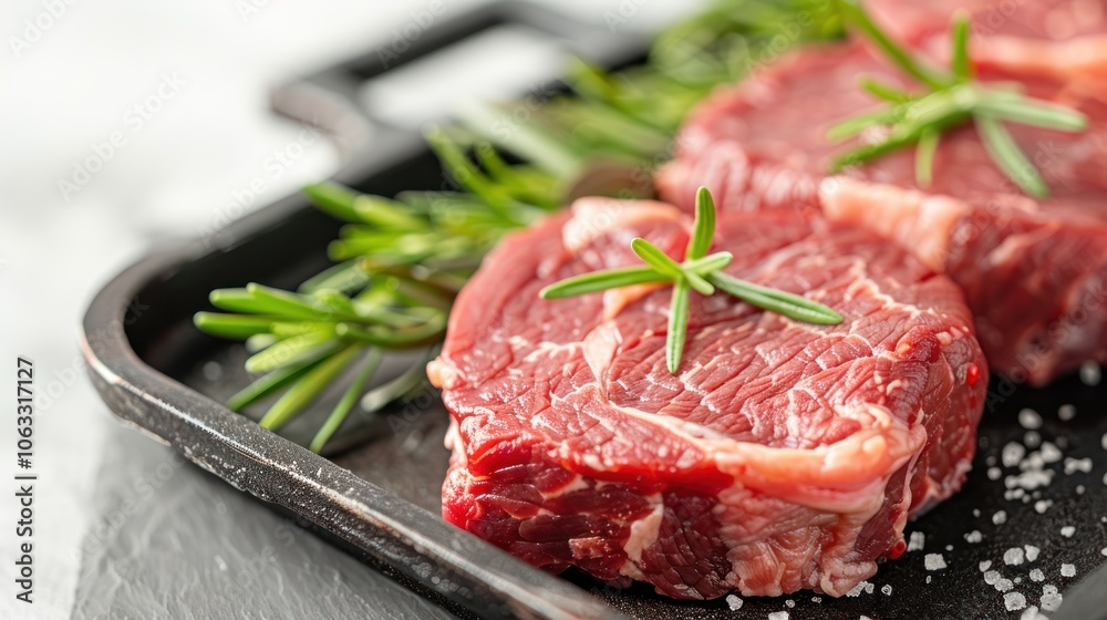 Fresh, juicy cuts of meat are beautifully presented with rosemary on a black tray, perfect for grilling or culinary inspirations.