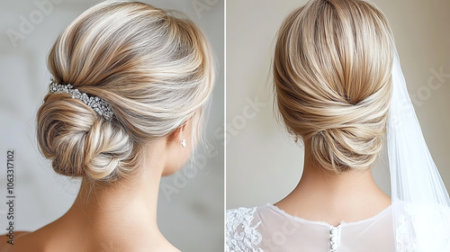 Elegant bridal hairstyle showcasing a sophisticated updo with delicate accessories, perfect for weddings and special occasions.