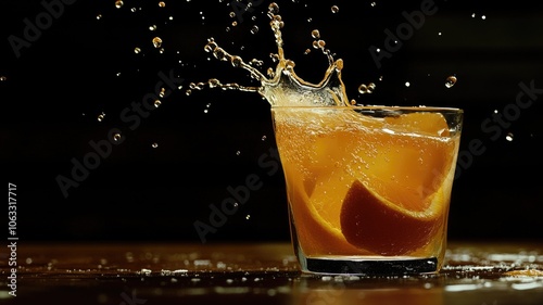 Dramatic splash from ice-cold refreshing orange drink in clear glass