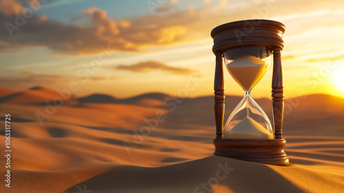 The hourglass on desert sand, framed by a sunset or sunrise, reflects the passing of time and the value of now. Great for content on time, reflection, and philosophical themes.