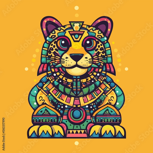 Cute Aztec Jaguar Warrior Symbol with Vibrant Intricate Patterns