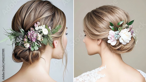 Elegant hairstyle featuring delicate floral accents, perfect for weddings or special occasions, showcasing a chic and sophisticated look. photo