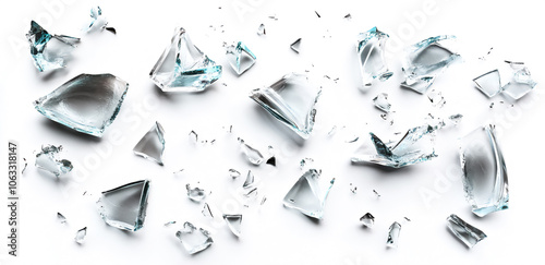 This image of broken glass shards on a white background captures the sharp edges and fragility of glass, evoking a sense of danger and destruction. Ideal for modern art or conceptual designs.

 photo