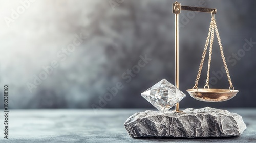 Scales weighing a diamond on one side and money on the other, evaluating worth vs price photo
