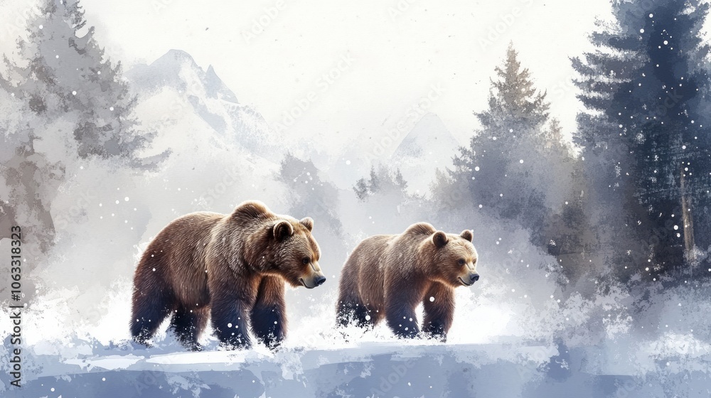 A watercolor painting of a brown bears in snowy forest, white background. A watercolor painting of a brown bears in snowy forest, white background.