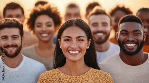 A large diverse group of people from different ethnicities and age groups standing together outdoors all smiling happily with a deep depth of field representing unity community and inclusivity photo