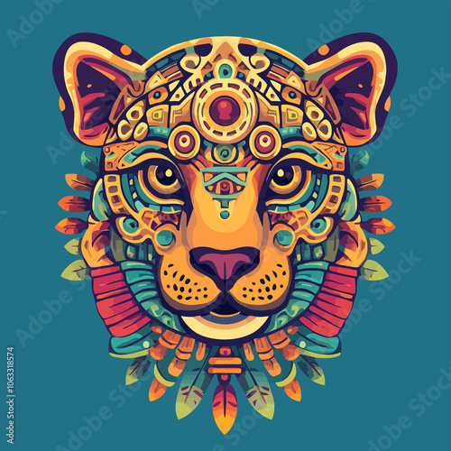 Cute Aztec Jaguar Warrior Symbol with Vibrant Intricate Patterns