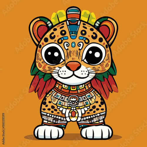 Cute Aztec Jaguar Warrior Symbol with Vibrant Intricate Patterns
