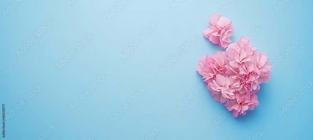 Pink cherry blossom flowers in shape of heart and single blooming branch on pastel blue background Pink cherry blossom flowers in shape of heart and single blooming branch on pastel blue background